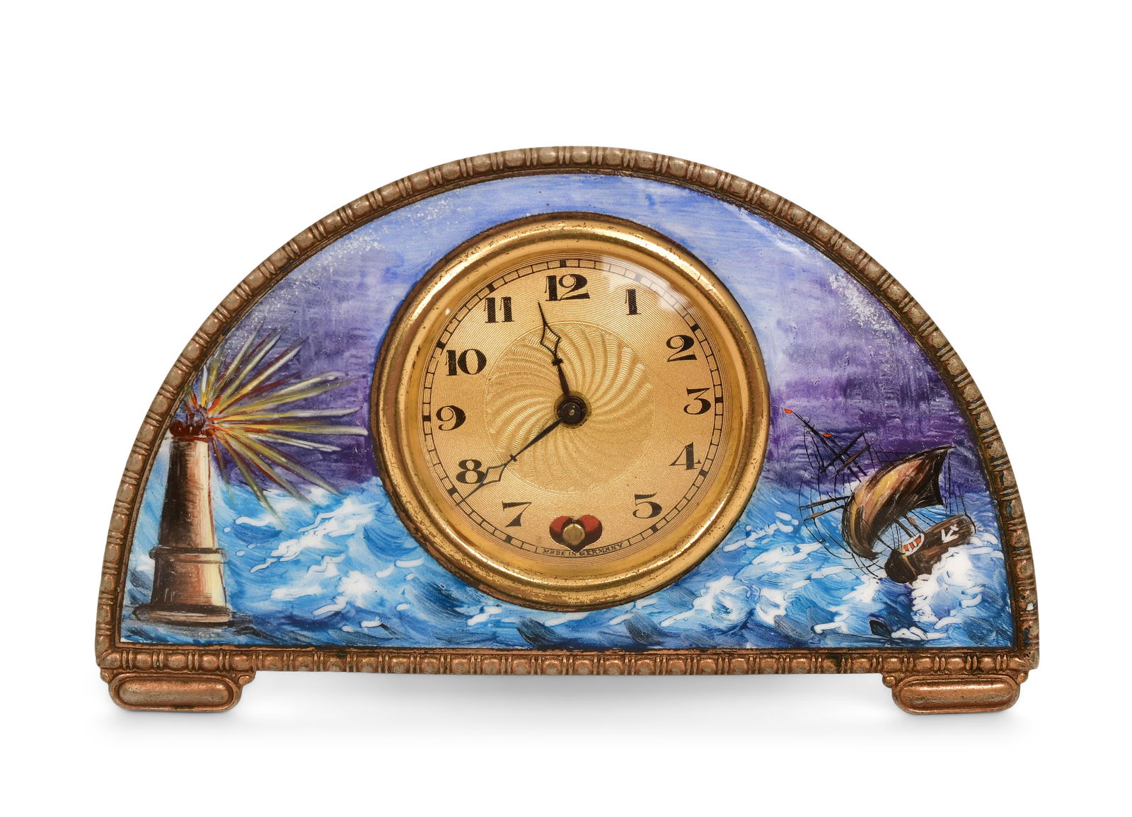German Gilt Bronze & Enamel Heartbeat Pendulette Clock: German Gilt Bronze & Enamel Heartbeat Pendulette Clockearly 20th centuryenamel seascape scene with a ship and lighthouse, 30 hour time only pendulette movement with heart shaped aperture and pendulum,