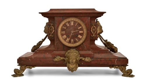 French Bronze & Rouge Marble Mantel Clock