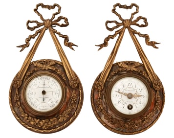 French Gilt Bronze & Marble Hanging Clock & Barometer