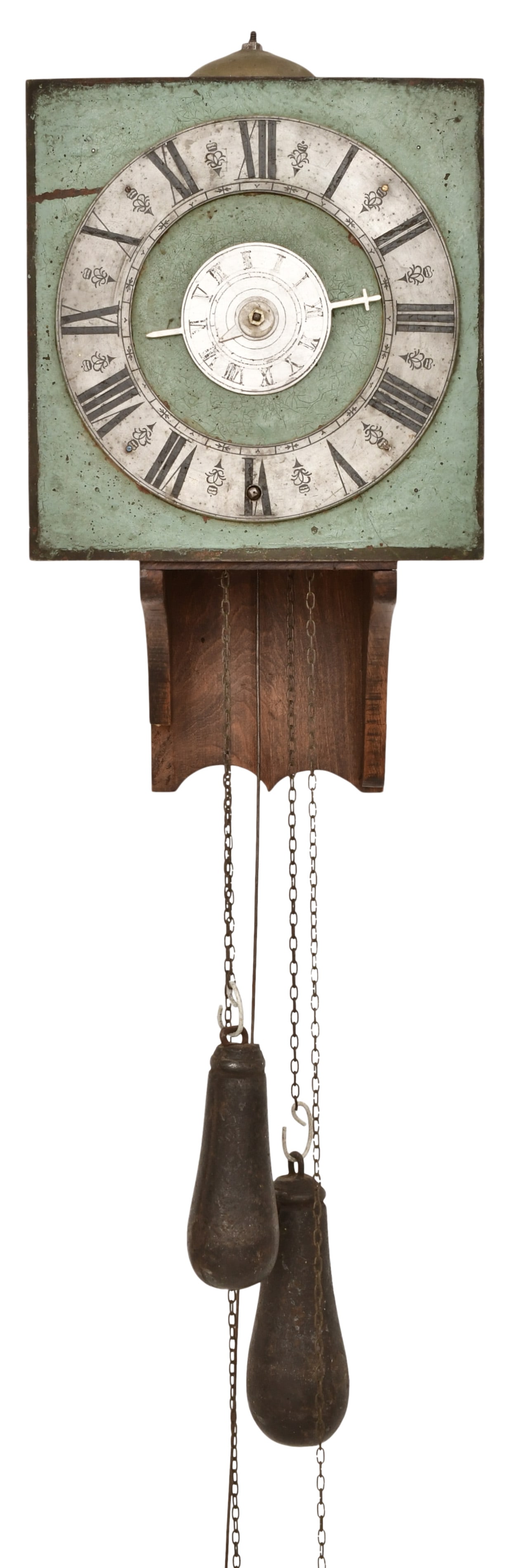 An Early Morbier Iron Dial Wall Clock with Alarm: An Early Morbier Iron Dial Wall Clock with Alarmmid-19th centuryiron shield dial, 30-hour iron frame "bird cage" weight driven movement with anchor escapement, unsigned17 x 9 1/2 x 7 inchesProvenance: