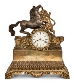 French Gilt & Silvered Metal Figural Mantel Clock