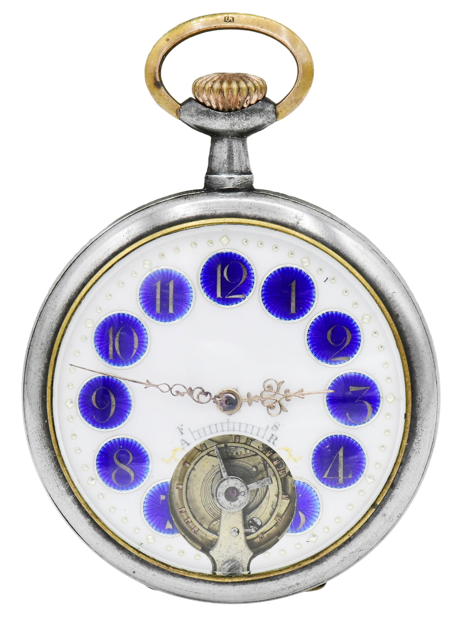 Honestus Visible Balance Enamel Dial Pocket Watch: Honestus Visible Balance Enamel Dial Pocket Watch Case: Aceir (Steel) Case Diameter: 50mm Dial: White porcelain with cartouche numerals and visible balance wheel Dial Marked: Unsigned Movement Marked: