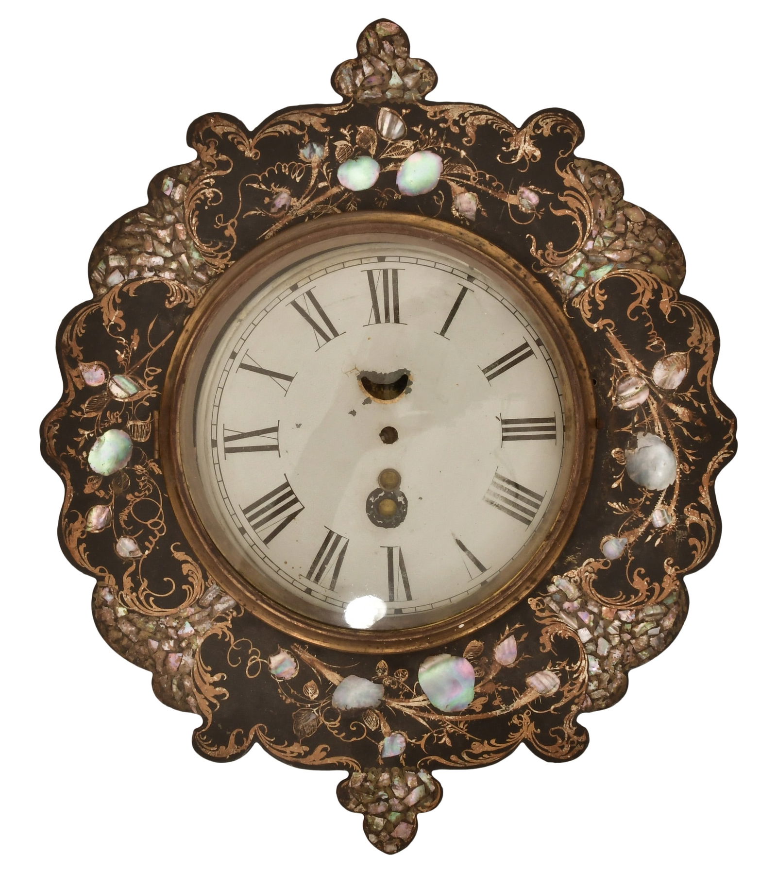 Mother-of-Pearl Decorated Iron Front Wall Clock: Mother-of-Pearl Decorated Iron Front Wall Clocklate 19th centuryiron front wall clock with painted scrolls and mother-of-pearl, 8-day brass spring driven time only movement with lever escapement, move