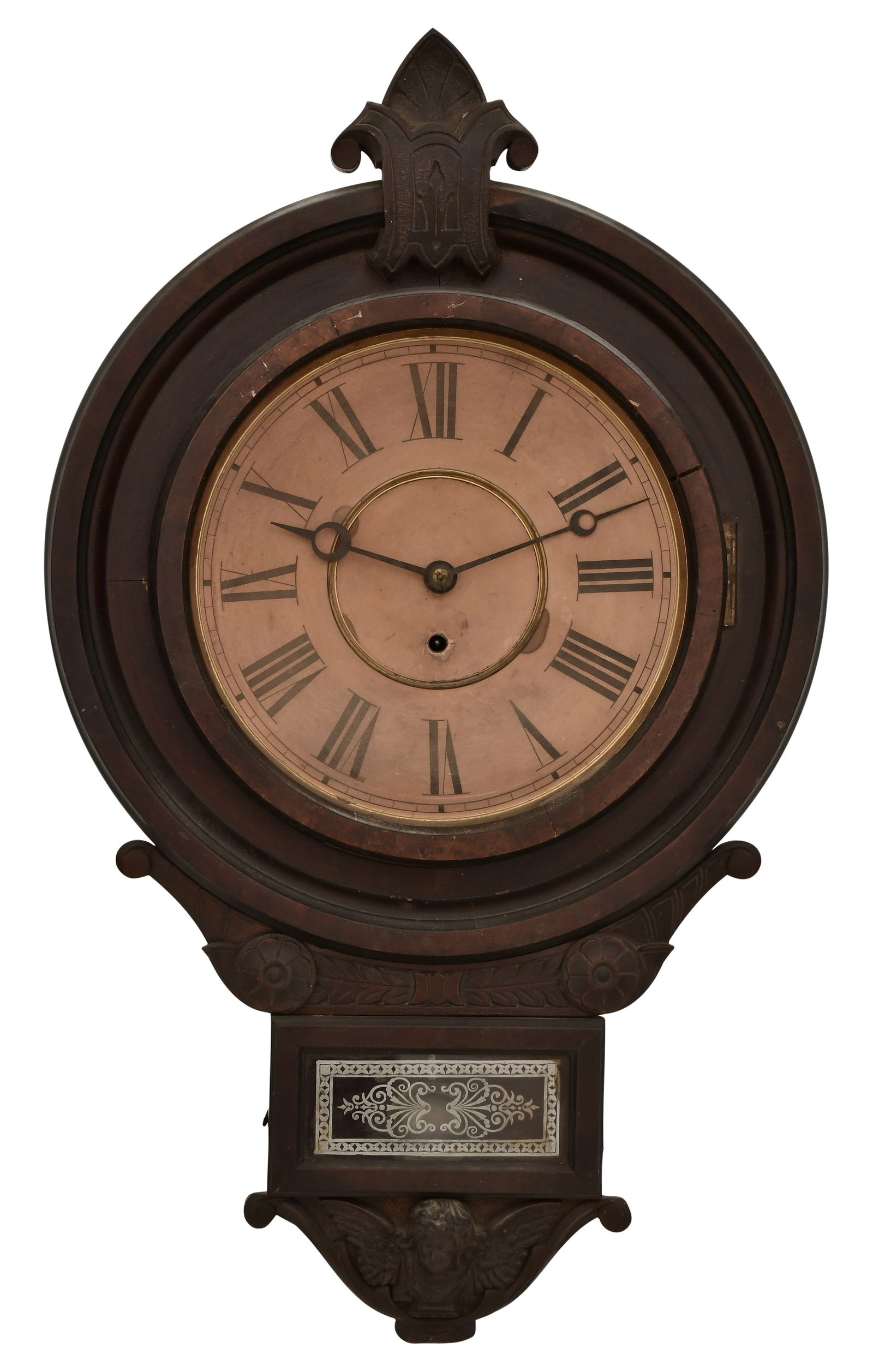 William L. Gilbert Clock Co. "Circle Drop" Wall Clock: William L. Gilbert Clock Co. "Circle Drop" Wall Clocklate 19th centurywalnut case with carvings, 8-day brass spring driven movement with recoil escapement, unsigned31 1/2 x 19 x 5 inchesProvenance: Pr