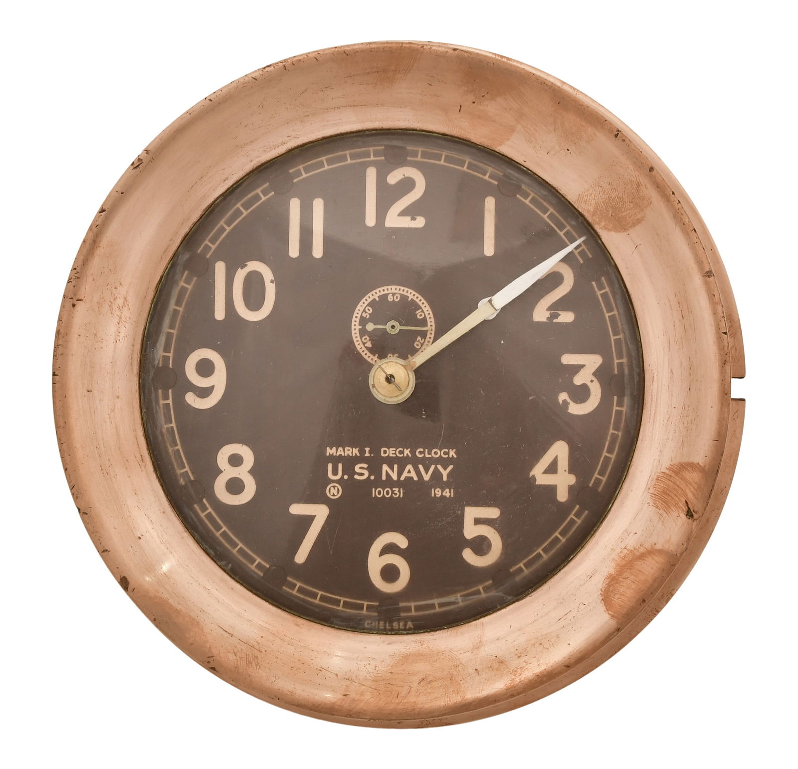 Chelsea Clock Co. U.S. Navy Mark 1 Deck Clock: Chelsea Clock Co. U.S. Navy Mark 1 Deck Clockcirca 1941brass case, 8-day brass spring driven time only model "17K' movement with platform escapement, signed on the dial and movement, serial number "28