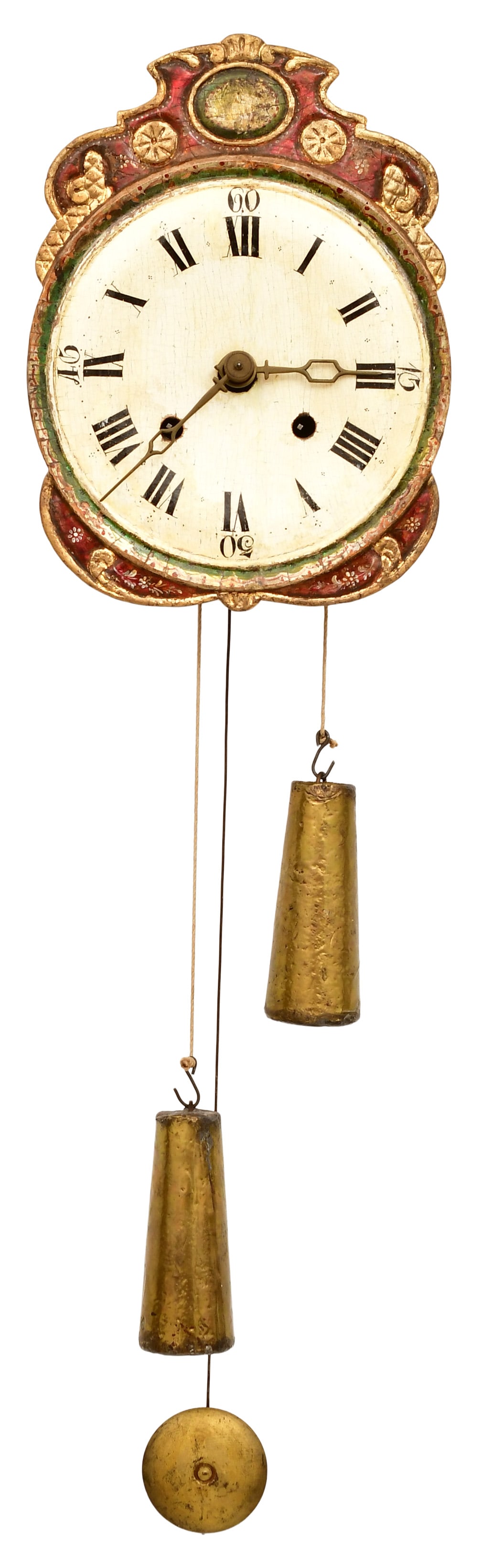 An Early Black Forest Stucco Shield Dial Clock with Wood Plates & Arbors: An Early Black Forest Stucco Shield Dial Clock with Wood Plates & Arbors mid-19th century carved and painted wood shield dial, 30-hour wood plate weight driven movement with wooden arbors, unsigned 13