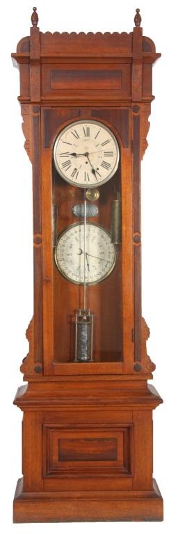 American Double Dial Calendar Pinwheel Regulator: American Double Dial Calendar Pinwheel Regulator. 11 in. Jerome & Co. paper dial with silvered bezel, has black Roman hour numerals, and fancy sub ring with days of the week (this function is not used