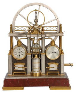 French Industrial Steam Engine Clock: French Industrial Steam Engine Clock. A large central cylinder and piston with a vertical connecting rod powers the great flywheel with a centrifugal governor assembly. The cylinder has two large fire