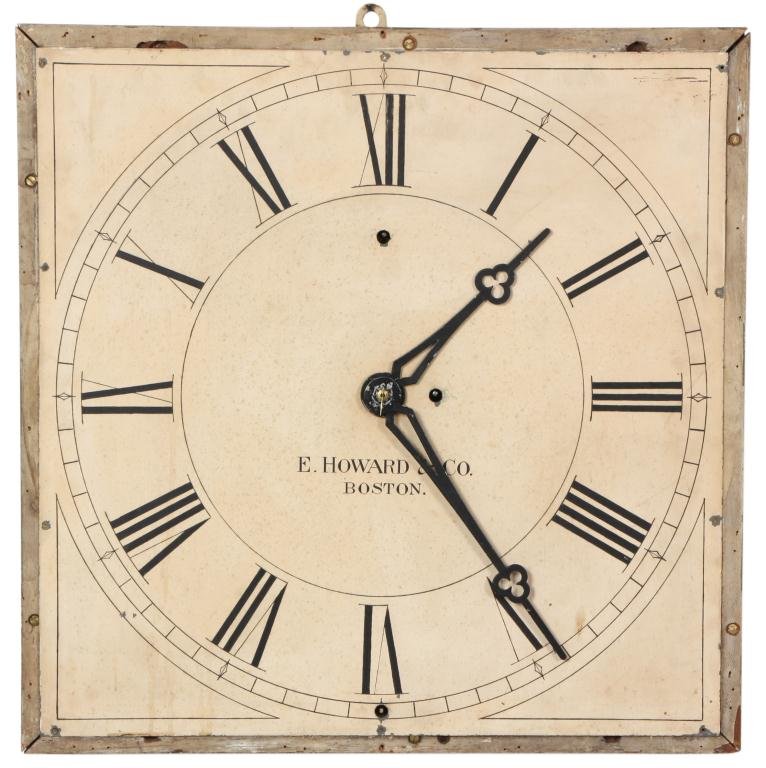 Howard Weight Driven Gallery Clock: E. Howard Weight Driven Gallery Clock. 24 in. painted metal square dial has black Roman hour numerals, signed E. Howard & Co. Boston, large pierced black hands. No. 11.5, brass, weight driven, time on