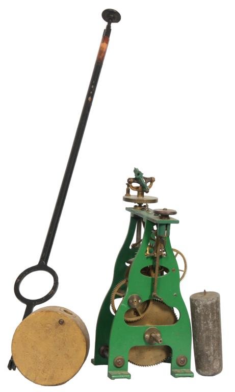 E. Howard Single Dial Tower Clock: E. Howard Single Dial Tower Clock. Has heavy brass plates, pendulum regulated movement with large gears, maintaining power, long wood pendulum stick with original bob and iron weight. Horizontal plate