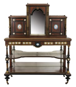 French Gilt Bronze-Mounted Walnut, Ebonized Wood & Porcelain Cabinet on Stand