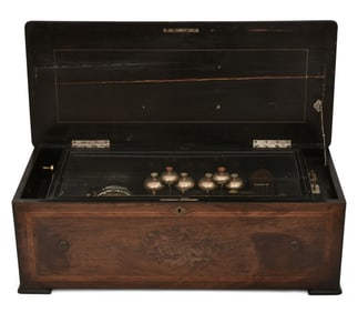 Swiss Inlaid Cylinder Music Box with Bells & Drums