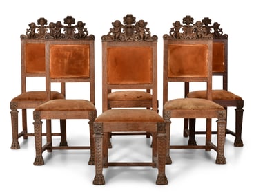 Set of Six American Carved Oak Dining Chairs