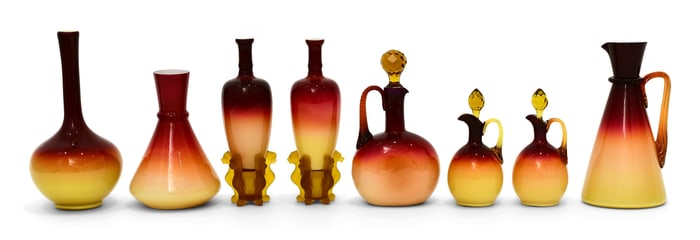 Group of Eight Wheeling Peachblow Items, Hobbs Brockunier Co.