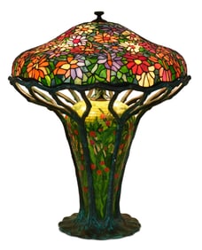 Late 20th Century Leaded Glass & Patinated Bronze Floral Table Lamp