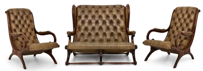 Mahogany & Leather-Upholstered Three-Piece Campeche Style Parlor Set