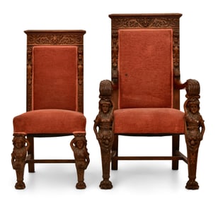 American Figural Carved Oak Armchair & Side Chair