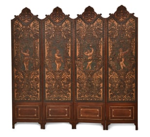 American Carved Oak & Tooled-Leather Four-Panel Dressing Screen