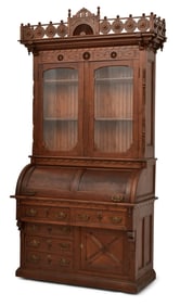 American Eastlake Walnut Cylinder Roll Secretary Desk