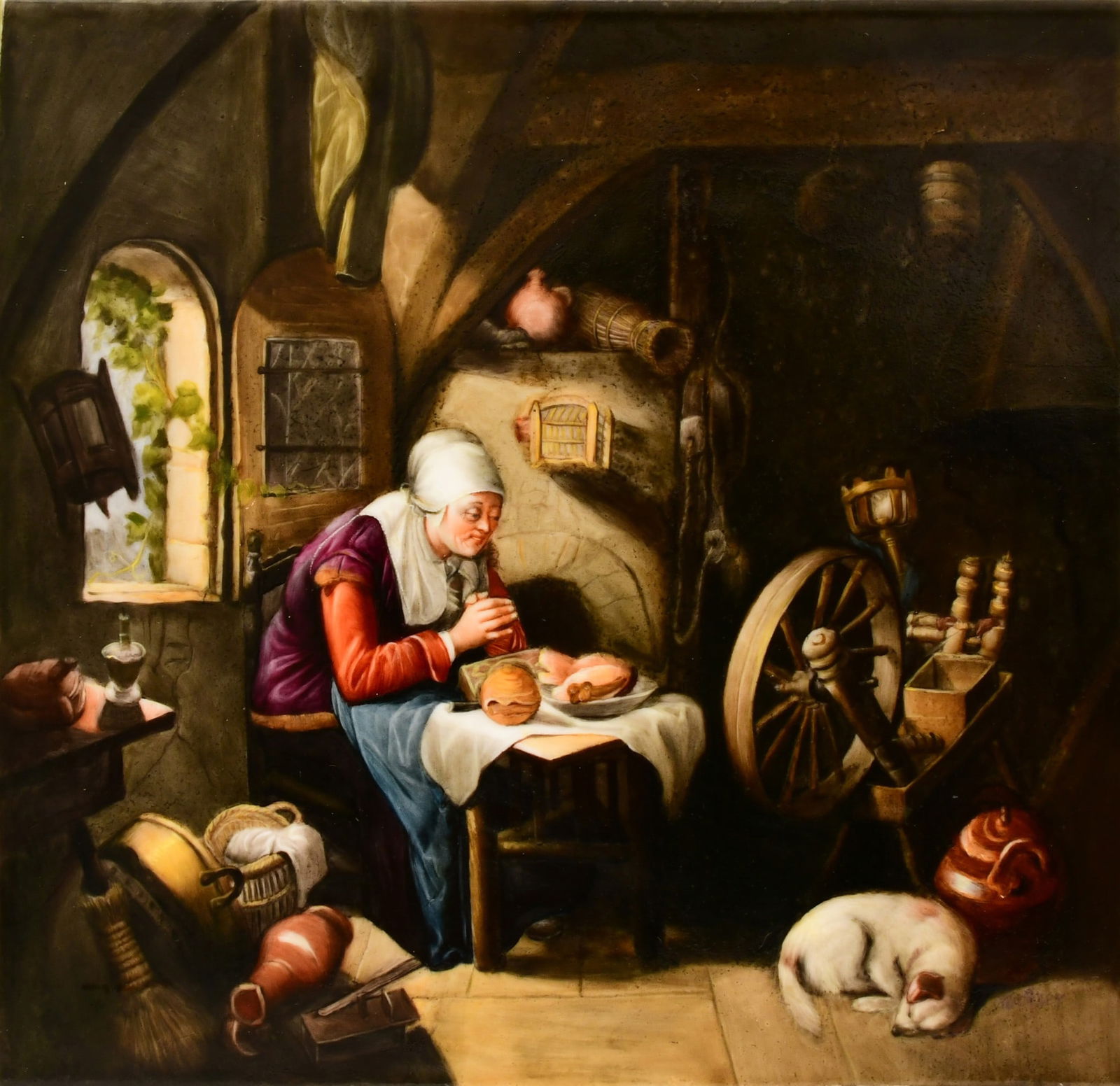 Berlin (KPM) Porcelain Plaque of an Interior Scene: Berlin (KPM) Porcelain Plaque of an Interior Scenelate 19th centurydecorated with a woman preparing a meal and a dog sleeping on the floor, impressed "K.P.M." with scepter mark, painted in the manner