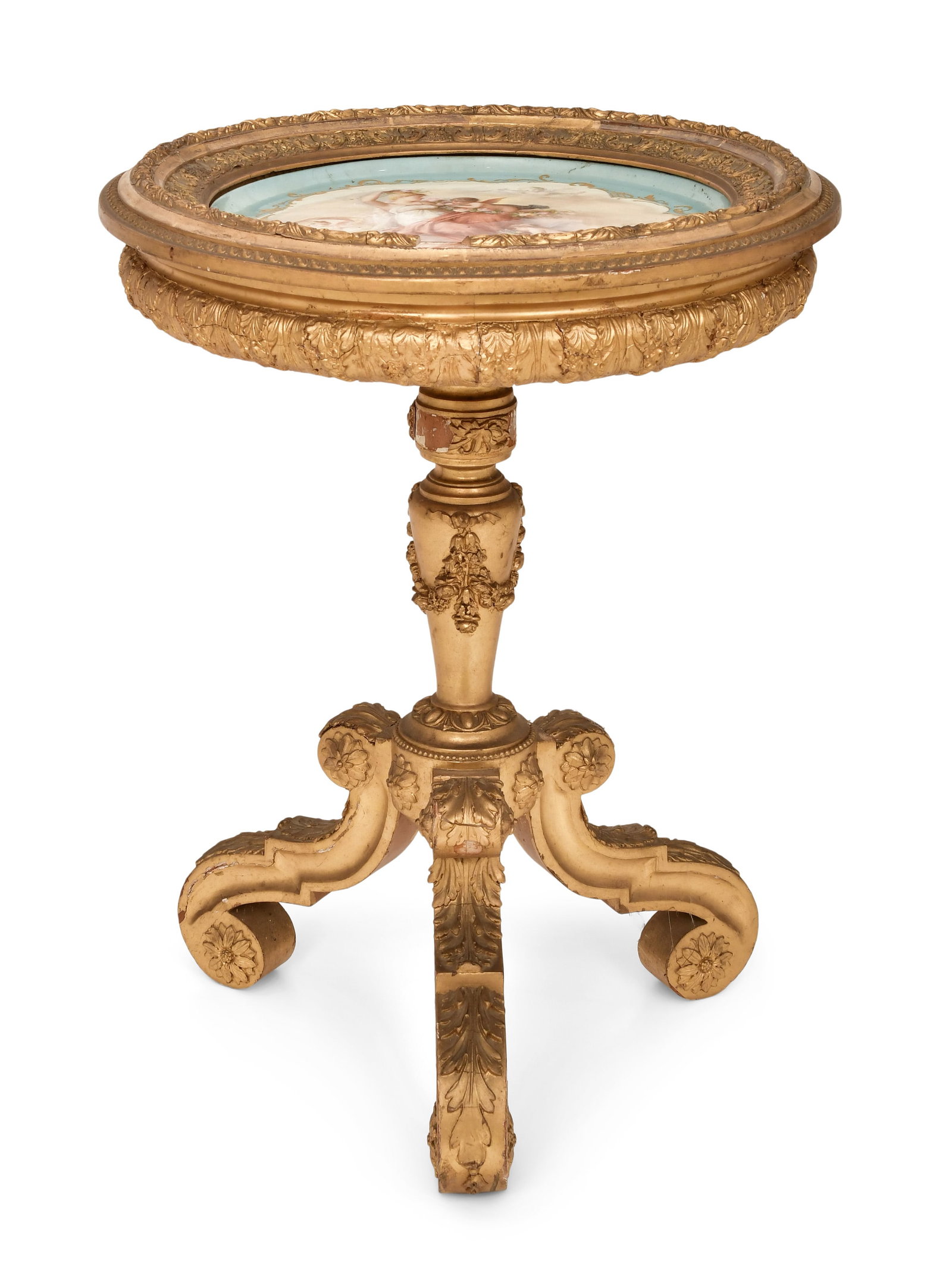 Continental Giltwood & Porcelain Gueridon: Continental Giltwood & Porcelain Gueridonlate 19th centurythe central charger depicting a woman surrounded by cherubs in the clouds, on a carved baluster support and scrolled volute legs30 x 22 1/2 in