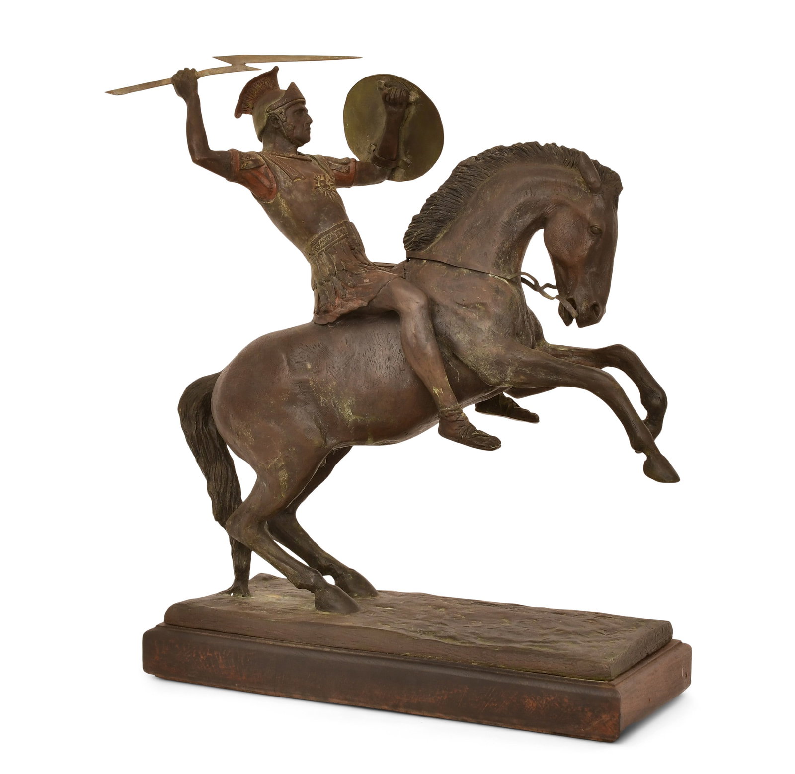 Patinated Bronze Sculpture of Zues on Horseback: Patinated Bronze Sculpture of Zues on Horseback 19th century 24 x 19 1/2 x 9 inches