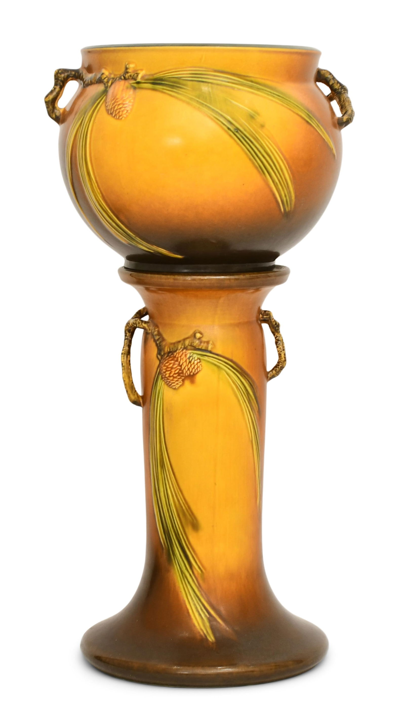 Roseville Pottery "Pinecone" Jardiniere & Pedestal: Roseville Pottery"Pinecone" Jardiniere & Pedestalearly 20th centuryglazed earthenwareunmarked29 x 14 x 13 inches