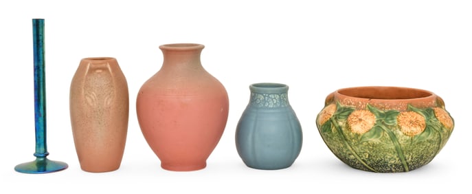 A Roseville Sunflower Bowl, Steuben Aurene Vase and Three Rookwood Vases