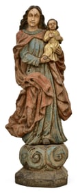 18th Century Carved & Polychrome-Painted Wood Figure of Madonna and Child