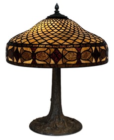American Leaded Glass & Patinated Metal Table Lamp