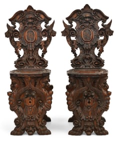 Pair of Italian Carved Walnut Fantasy Chairs