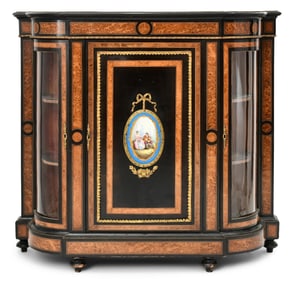 French Birdseye Maple, Ebonized Wood, Gilt Brass & Porcelain Credenza