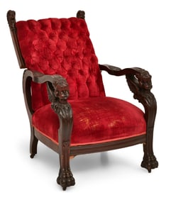 American Carved Mahogany Morris Chair with Cherubs