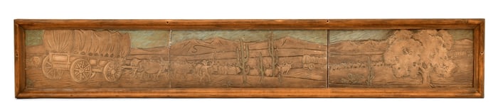 Ernest A. Batchelder (American, 1875-1957), Dessert Landscape Frieze with Cattle, Wagons and Figures