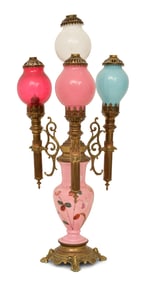 American Victorian Brass & Glass Candelabra Lamp