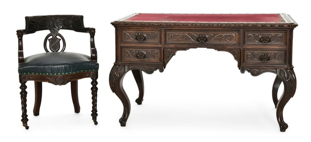 American Carved Mahogany Desk & Chair