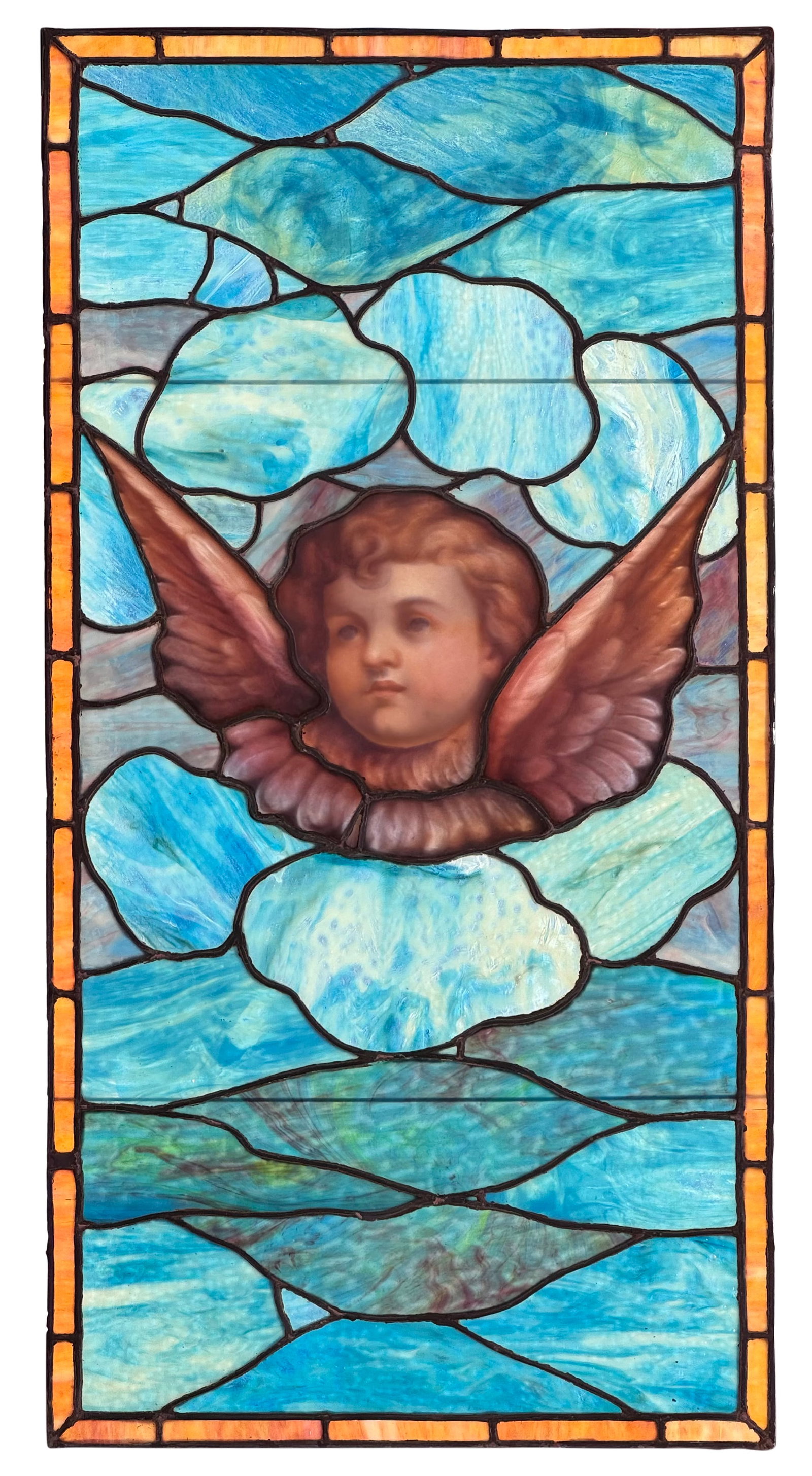 American Leaded Glass Window with Cherub: American Leaded Glass Window with Cherub early 20th century 50 x 25 3/4 inches (window) 53 x 29 inches (frame)