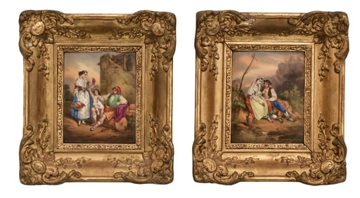 Two German Hand-Painted Porcelain Plaques of Genre Scenes