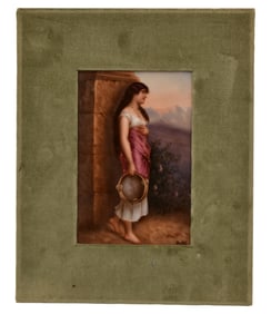 German Hand-Painted Porcelain Plaque of a Woman with Tambourine