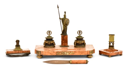 French Bronze & Marble Four-Piece Desk Set