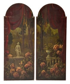 Pair of Arched Garden Paintings, Oil on Board, 19th Century