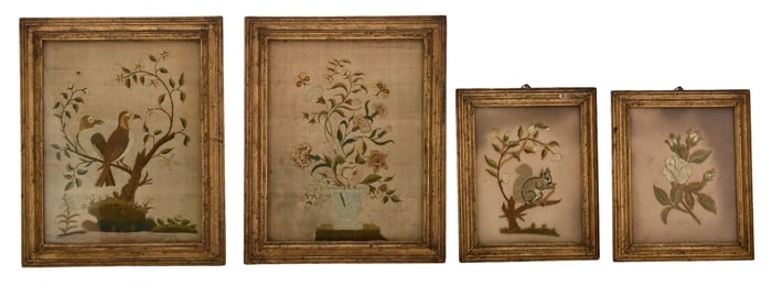 Four 19th Century Folk Art Silk Embroideries