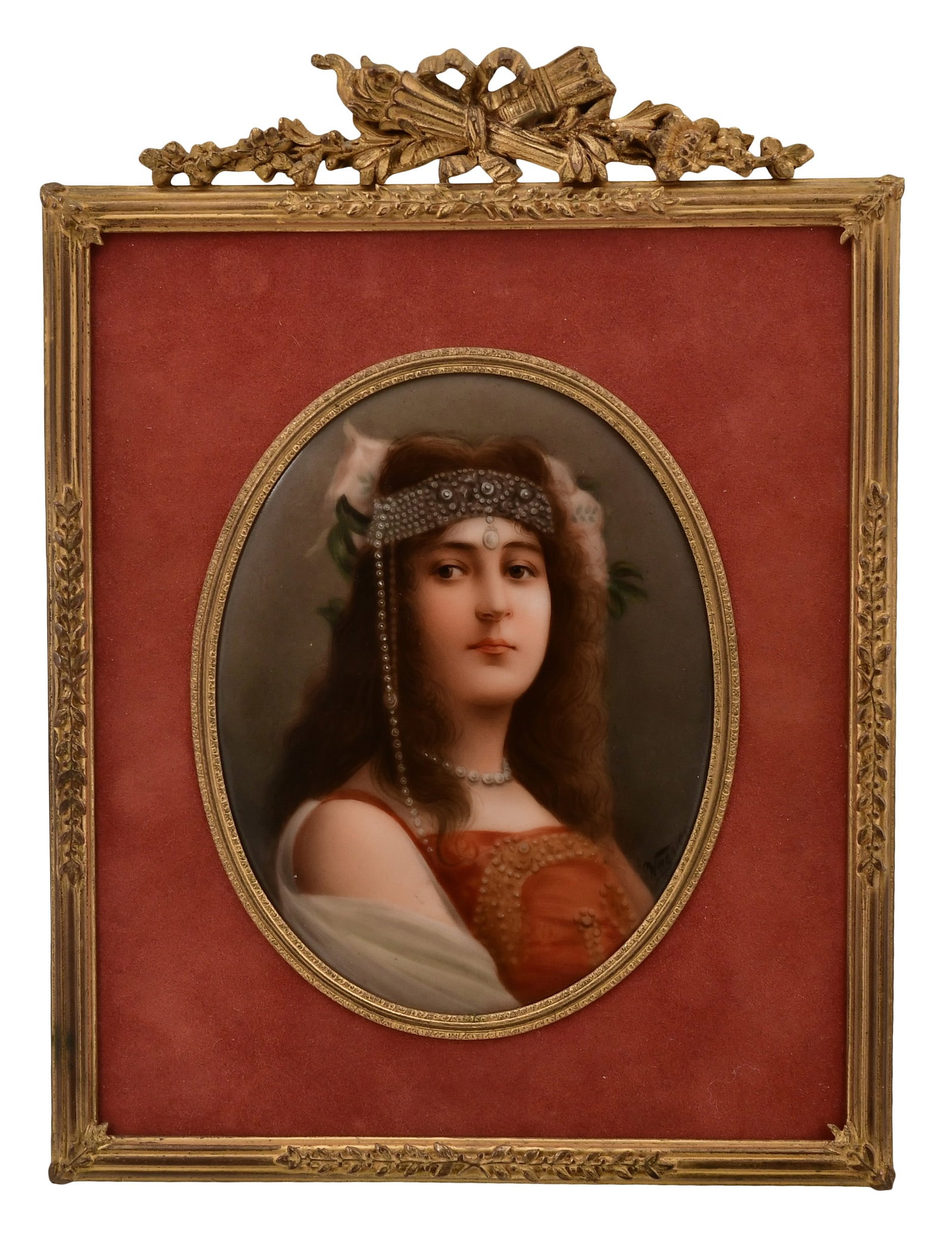 German Hand-Painted Porcelain Plaque of Cleopatra: German Hand-Painted Porcelain Plaque of Cleopatra circa 1900 5 x 4 inches (plaque) 8 3/4 x 6 1/2 inches (frame) Other Notes: Fontaine's Auction Gallery can arrange shipping for this item (USA only).
