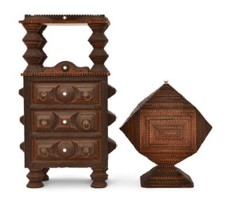 American Tramp Art Miniature Dresser & Pedestal Box