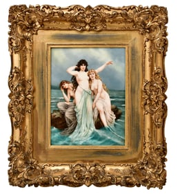 Hand-Painted Porcelain Plaque of Three Female Nudes in the Water
