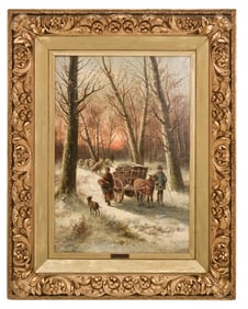 Alexis De Leeuw (Belgian, 1828-1898), Winter Scene with Logging Cart, Figures, Sheep and a Dog