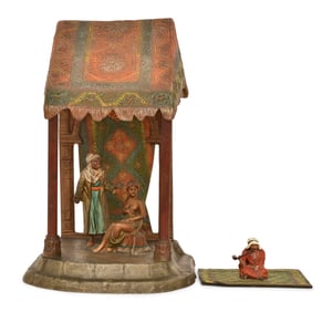 Fritz Bermann Cold-Painted Bronze Sculpture of a Pipe Smoker and an Austrian Cold-Painted Metal Lamp