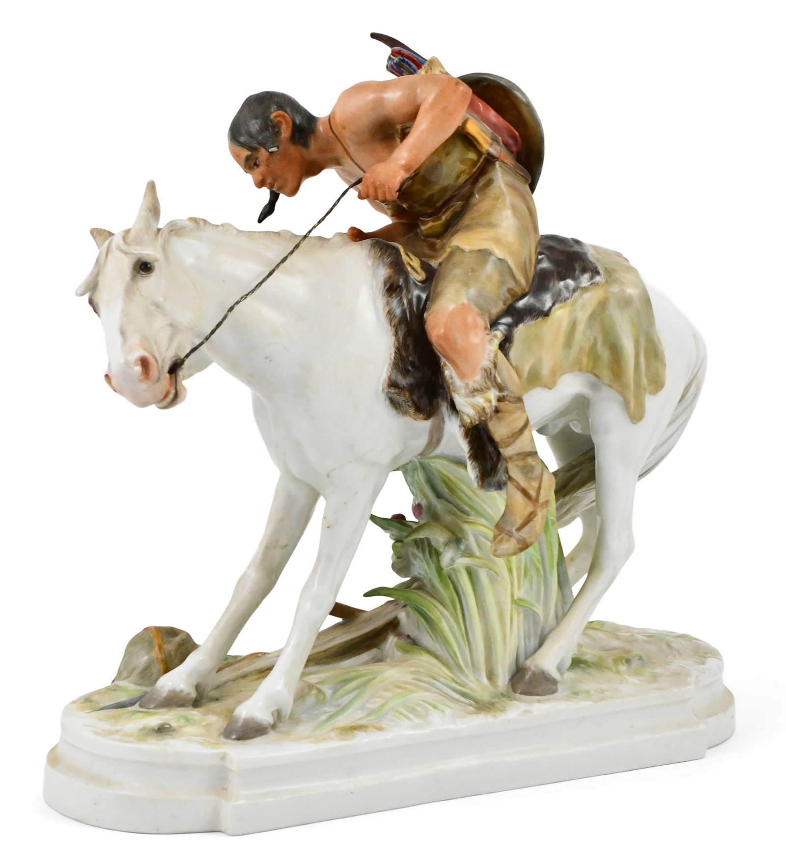 Meissen Porcelain Grouping, "Hun On Horseback": Meissen Porcelain Grouping, "Hun On Horseback"circa 1900after the model by E. Hosel, signed with undeglaze blue crossed swords mark12 1/2 x 12 1/2 x 5 inches