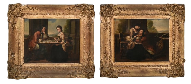 French School, Courting Scenes of a Young Couple, Oil on Canvas, 19th Century