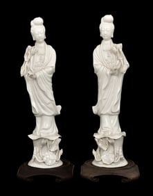 Pair of Chinese Porcelain Quan Yin Figures with Stands